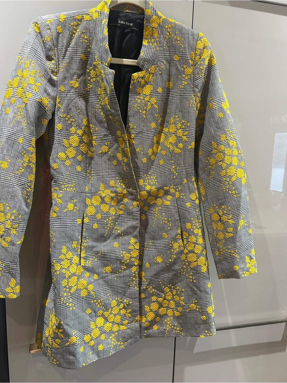 Zara Gray Plaid Blazer with Yellow Floral Embroidery